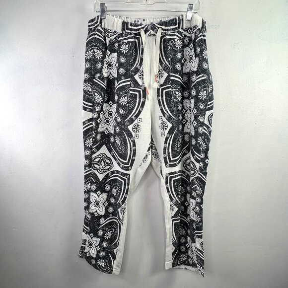 Anthropologie Pilcro The Cottage Linen Pants M Black White Mandala Wide Loose - Picture 1 of 8